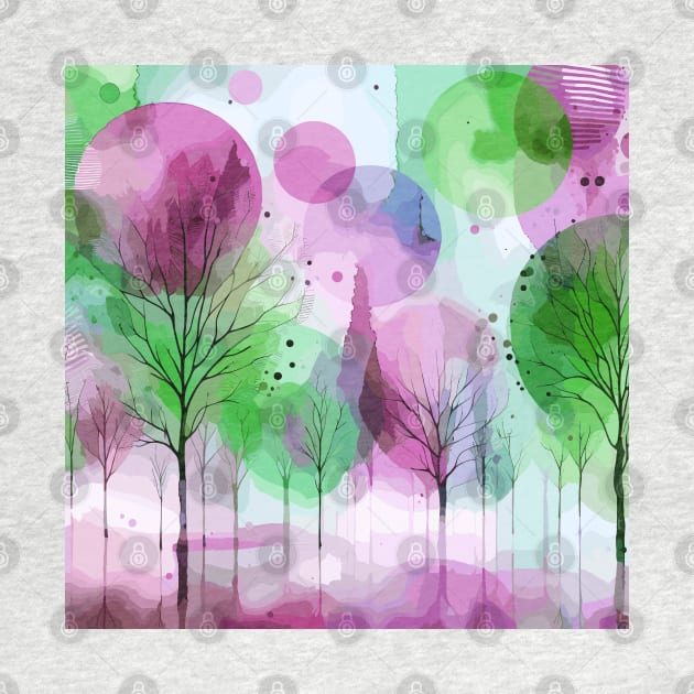 Colorful Pink and Green Abstract Trees by Siha Arts